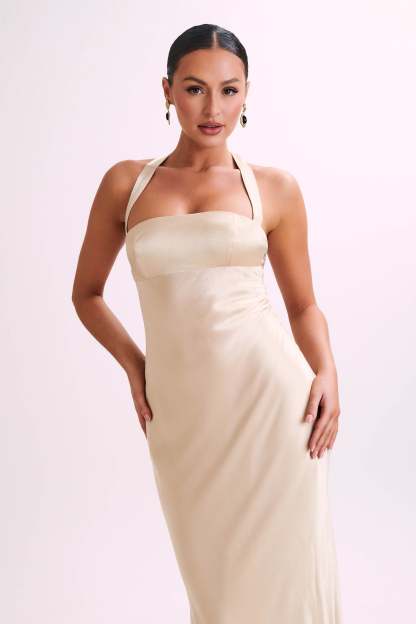 Sabra Satin Halter Maxi Dress - Gold-My Chic Way.All Rights Reserved