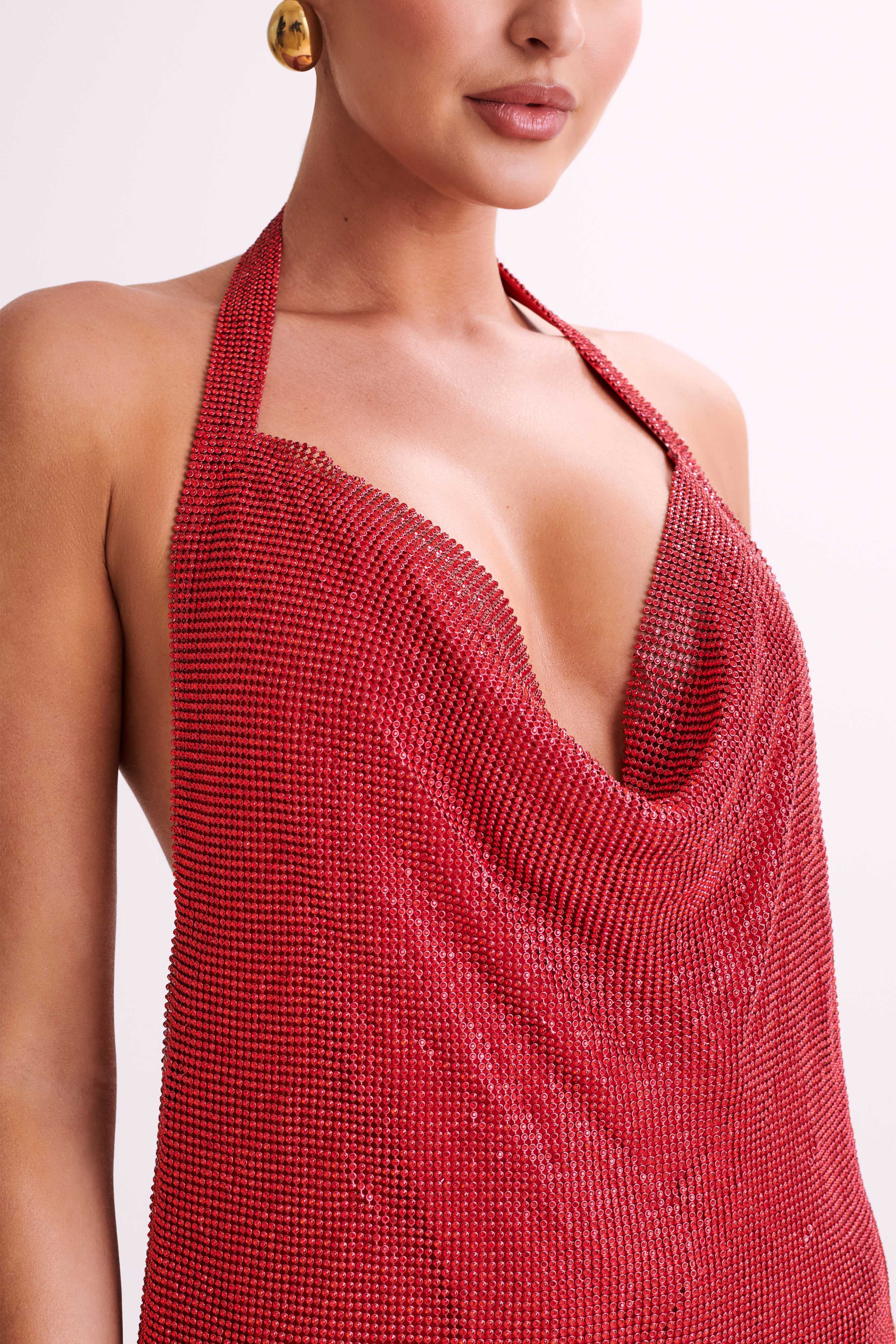 Meilani Low Back Diamante Mesh Mini Dress - Red-My Chic Way.All Rights Reserved