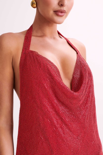 Meilani Low Back Diamante Mesh Mini Dress - Red-My Chic Way.All Rights Reserved