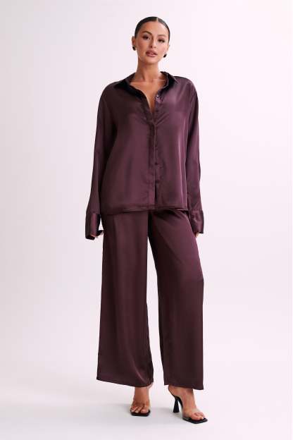 Marciela Satin Straight Leg Pant - Dark Chocolate-My Chic Way.All Rights Reserved