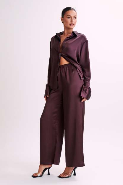Marciela Satin Straight Leg Pant - Dark Chocolate-My Chic Way.All Rights Reserved