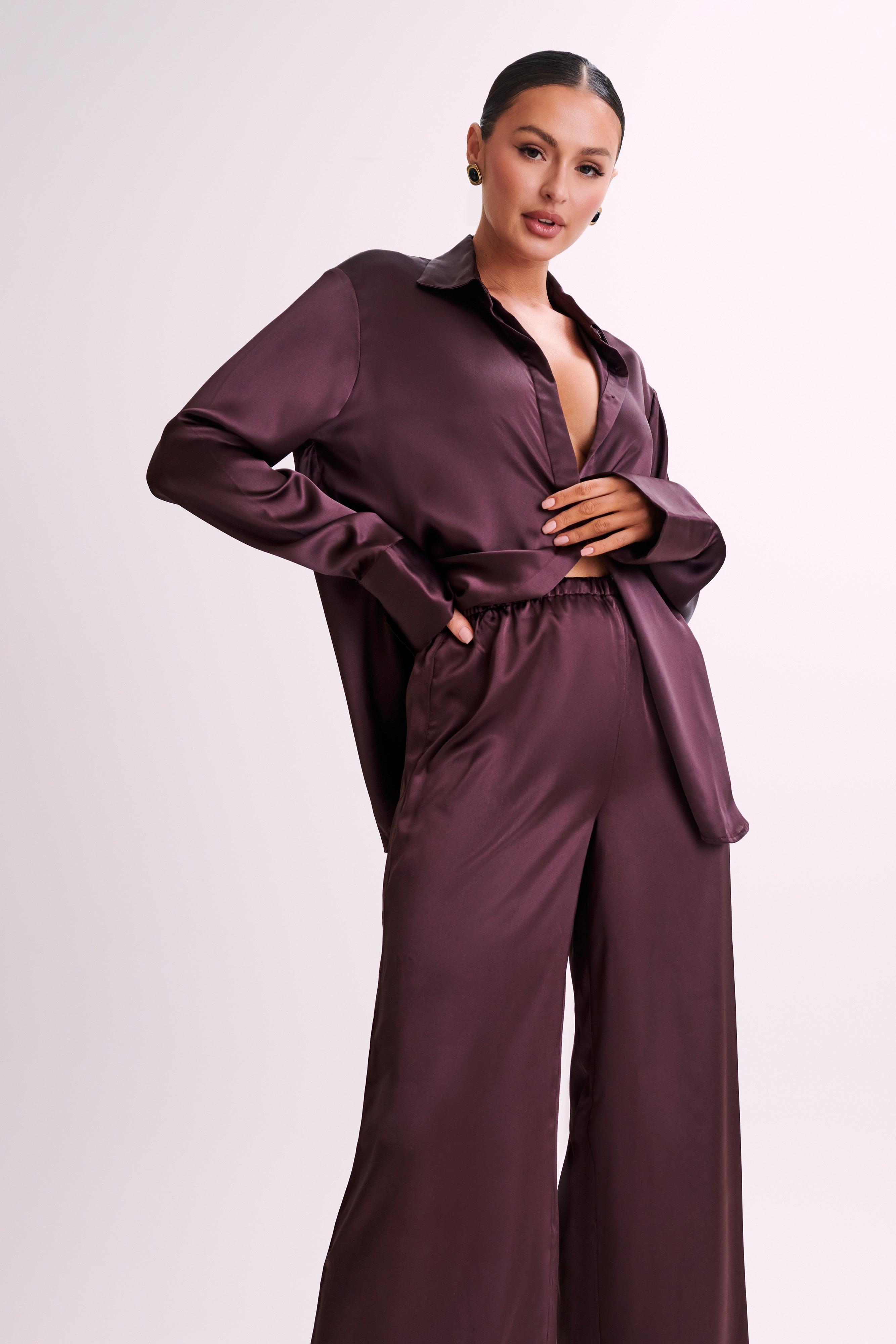 Marciela Satin Straight Leg Pant - Dark Chocolate-My Chic Way.All Rights Reserved