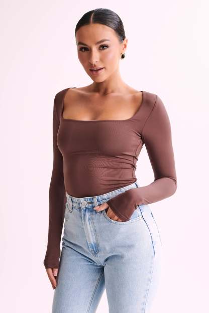 Bridget Recycled Nylon Long Sleeve Top - Mocha-My Chic Way.All Rights Reserved
