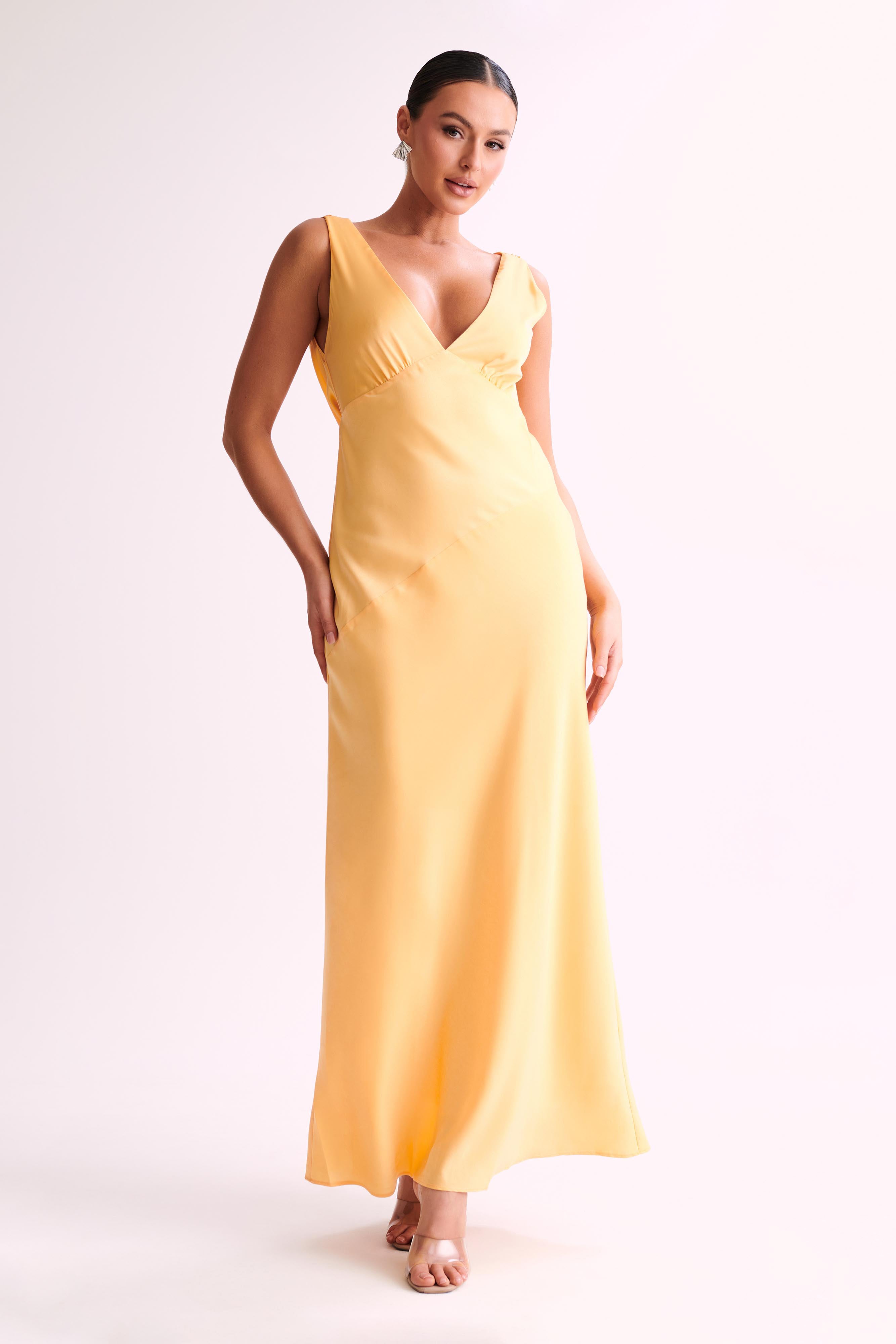 Nadia Maxi Satin Dress With Back Cowl - Lemon-My Chic Way.All Rights Reserved