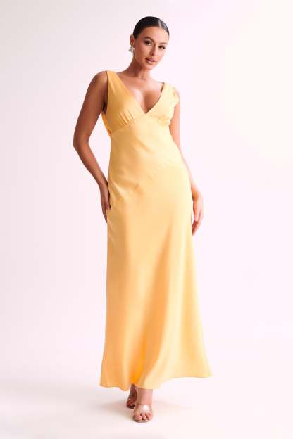 Nadia Maxi Satin Dress With Back Cowl - Lemon-My Chic Way.All Rights Reserved