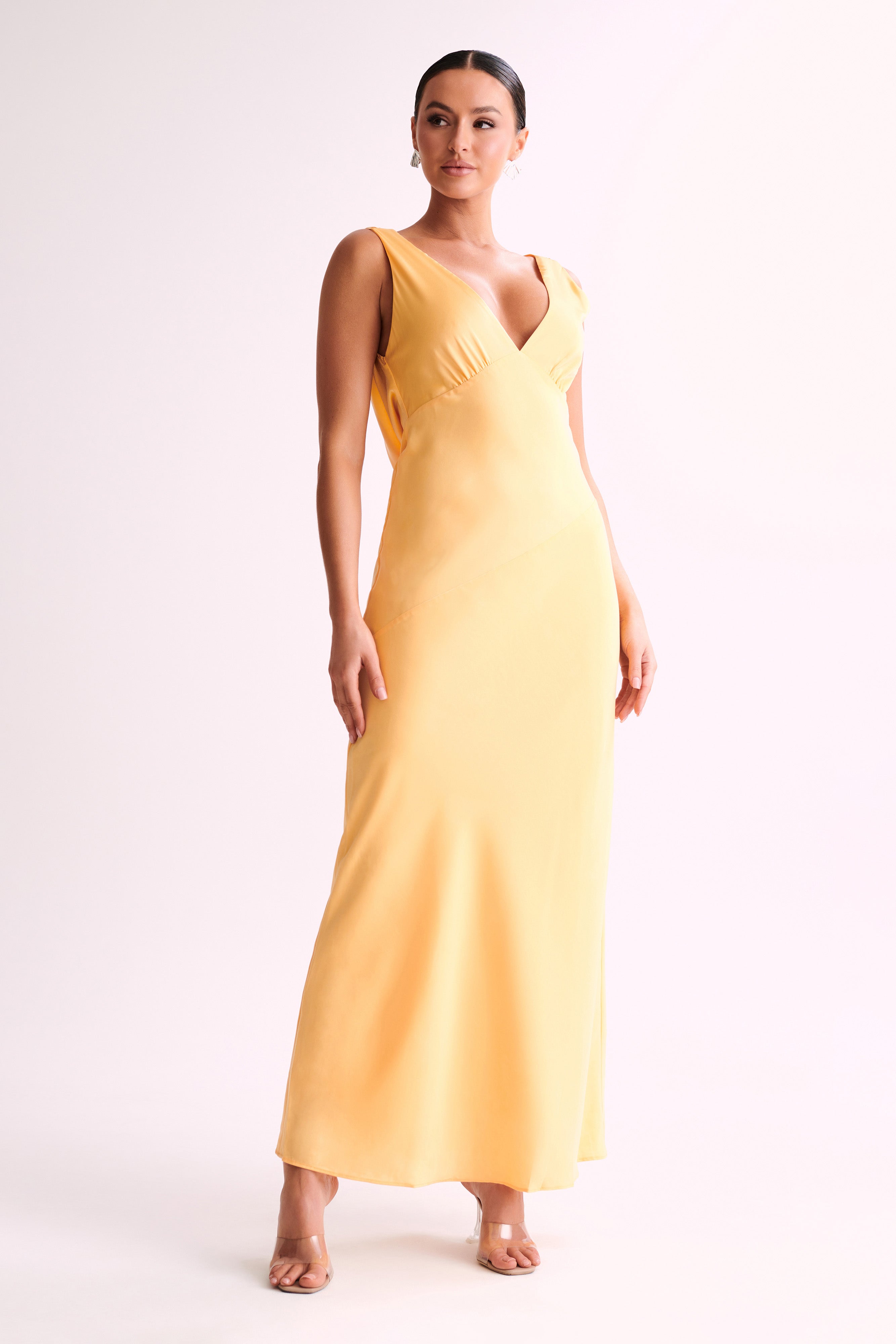 Nadia Maxi Satin Dress With Back Cowl - Lemon-My Chic Way.All Rights Reserved