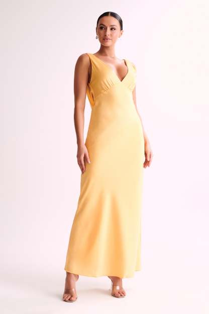 Nadia Maxi Satin Dress With Back Cowl - Lemon-My Chic Way.All Rights Reserved