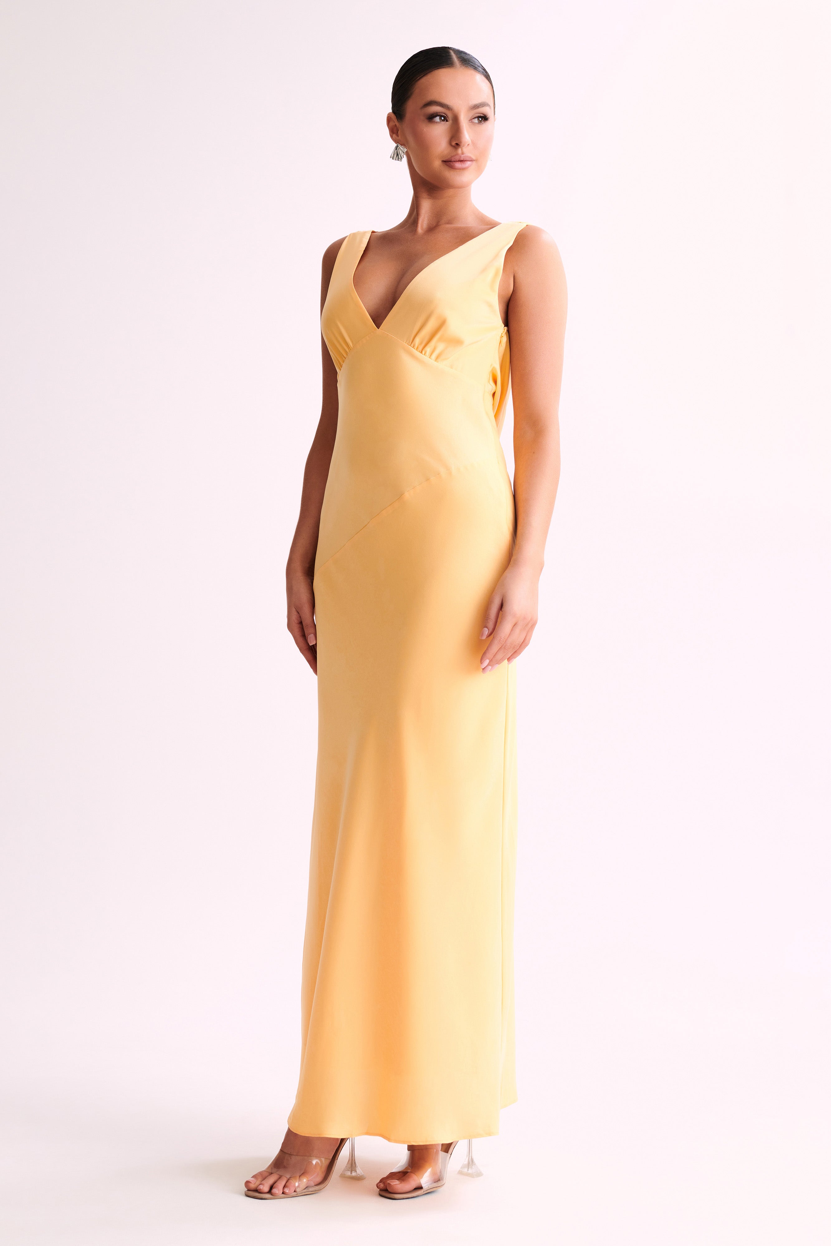 Nadia Maxi Satin Dress With Back Cowl - Lemon-My Chic Way.All Rights Reserved