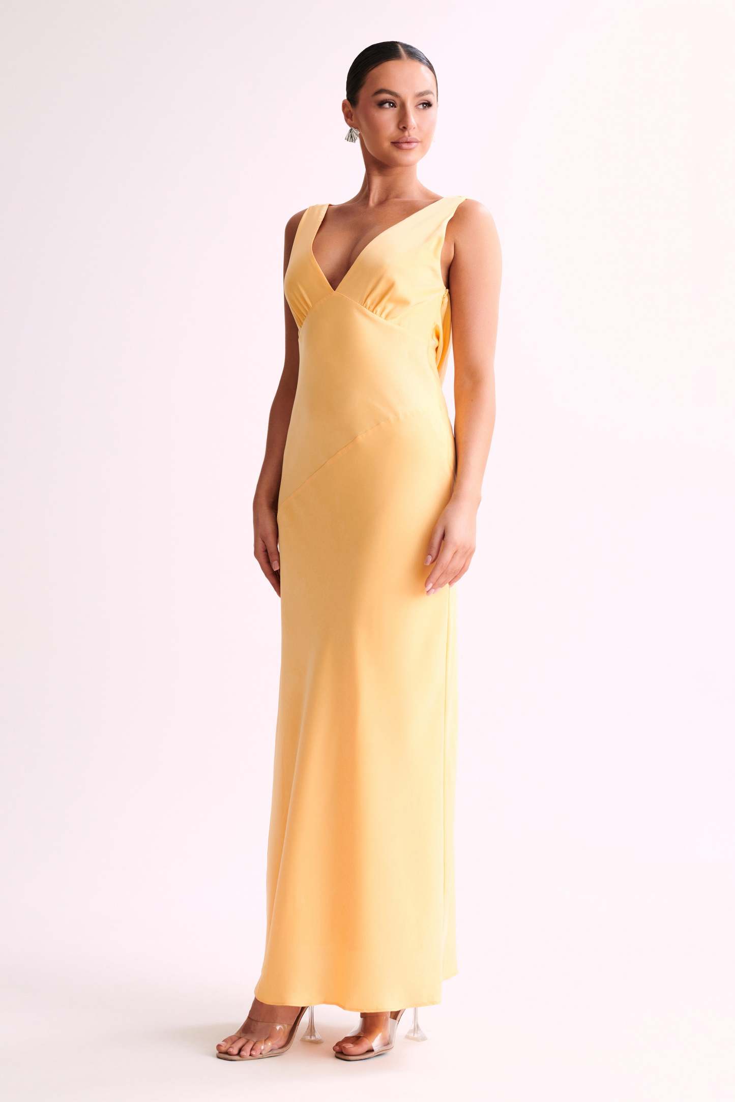 Nadia Maxi Satin Dress With Back Cowl - Lemon-My Chic Way.All Rights Reserved