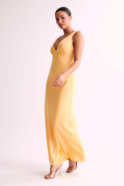 Nadia Maxi Satin Dress With Back Cowl - Lemon-My Chic Way.All Rights Reserved