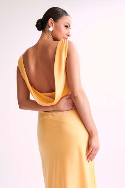 Nadia Maxi Satin Dress With Back Cowl - Lemon-My Chic Way.All Rights Reserved