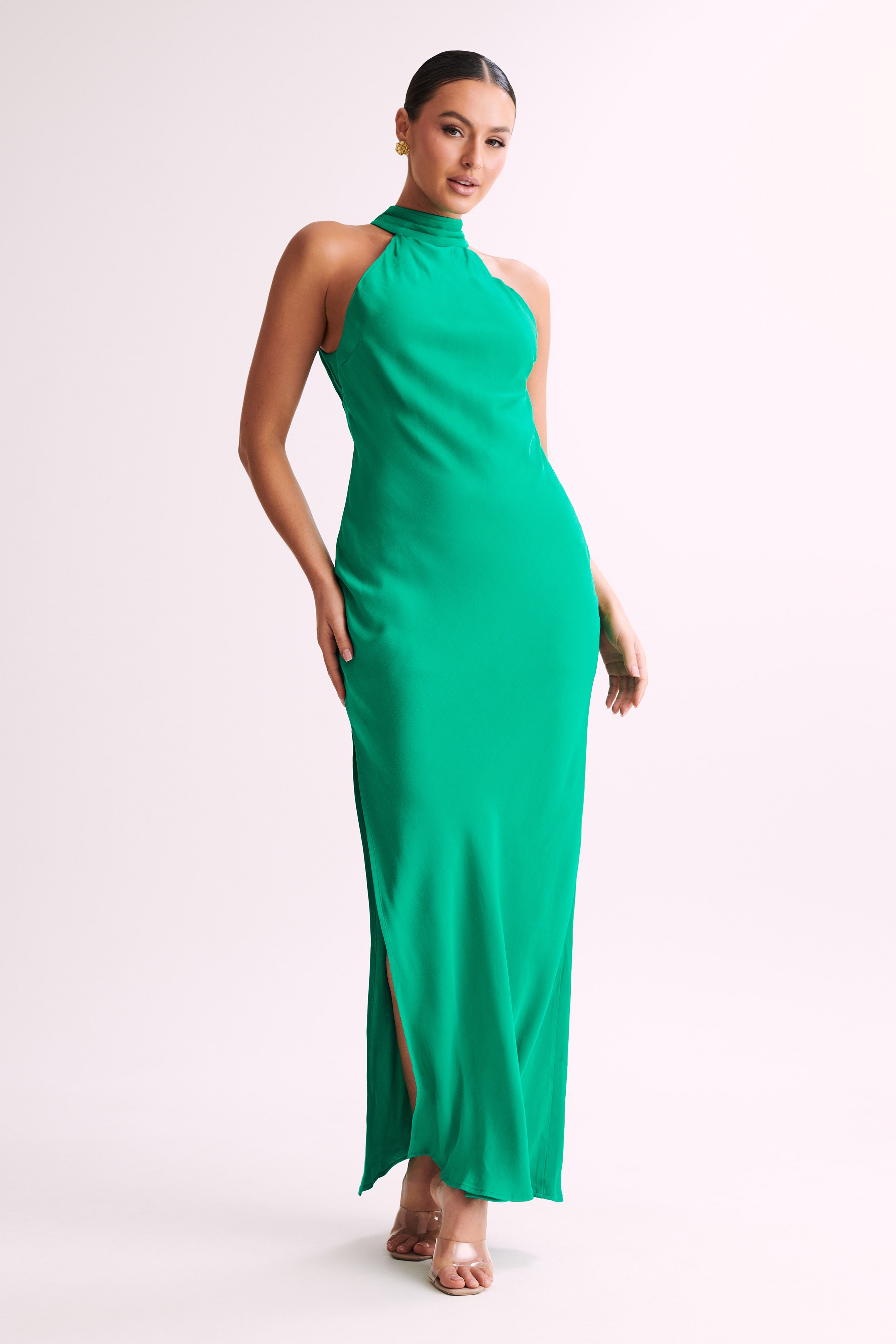 Claire Satin Drape Back Maxi Dress with Split - Green-My Chic Way.All Rights Reserved