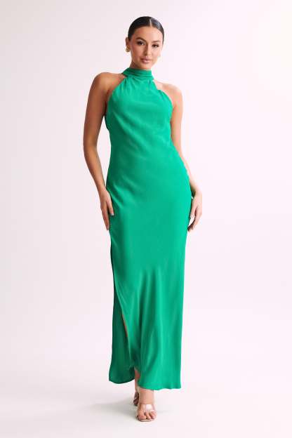 Claire Satin Drape Back Maxi Dress with Split - Green-My Chic Way.All Rights Reserved