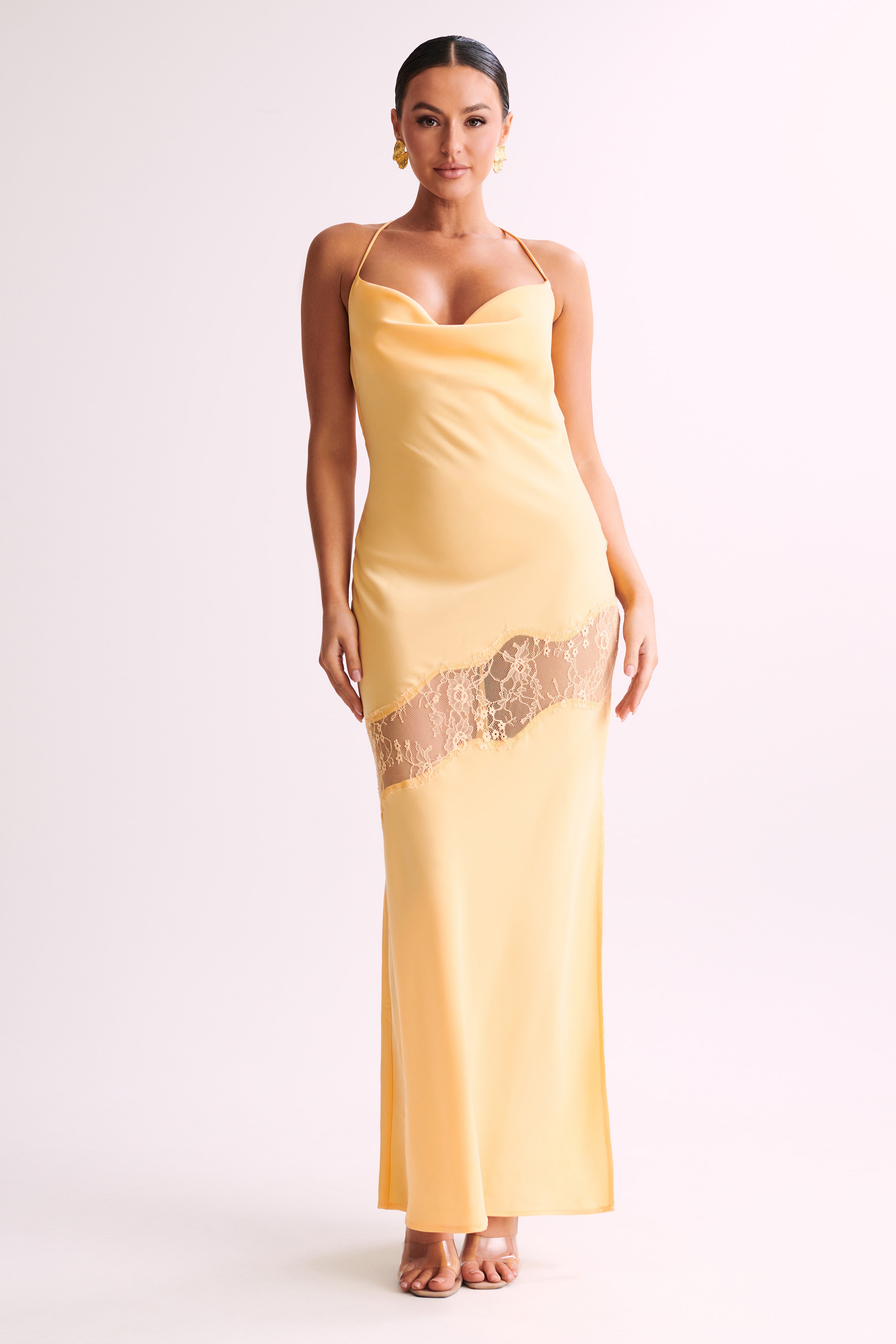 Chandra Lace Detail Satin Maxi Dress - Lemon-My Chic Way.All Rights Reserved