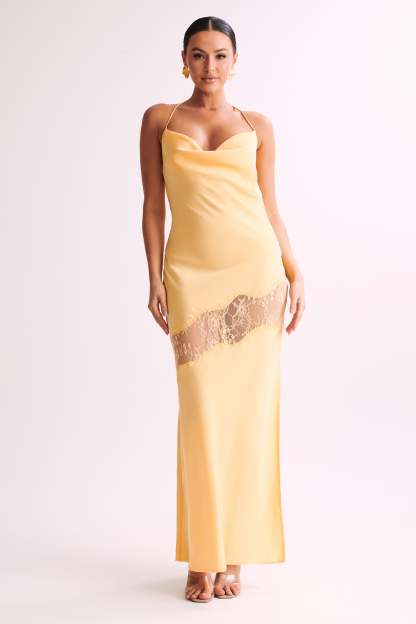 Chandra Lace Detail Satin Maxi Dress - Lemon-My Chic Way.All Rights Reserved