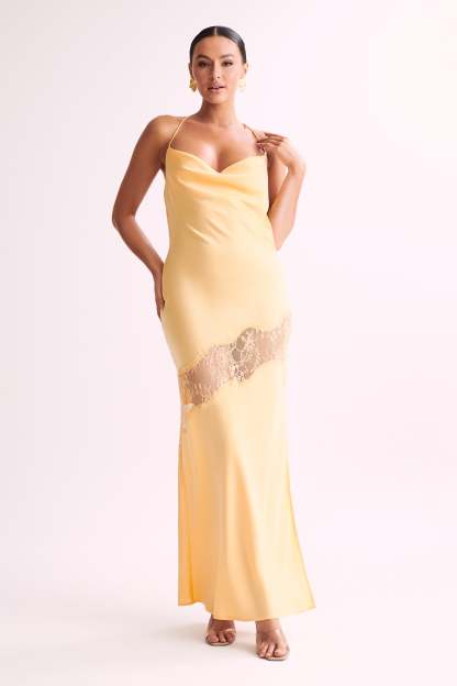 Chandra Lace Detail Satin Maxi Dress - Lemon-My Chic Way.All Rights Reserved