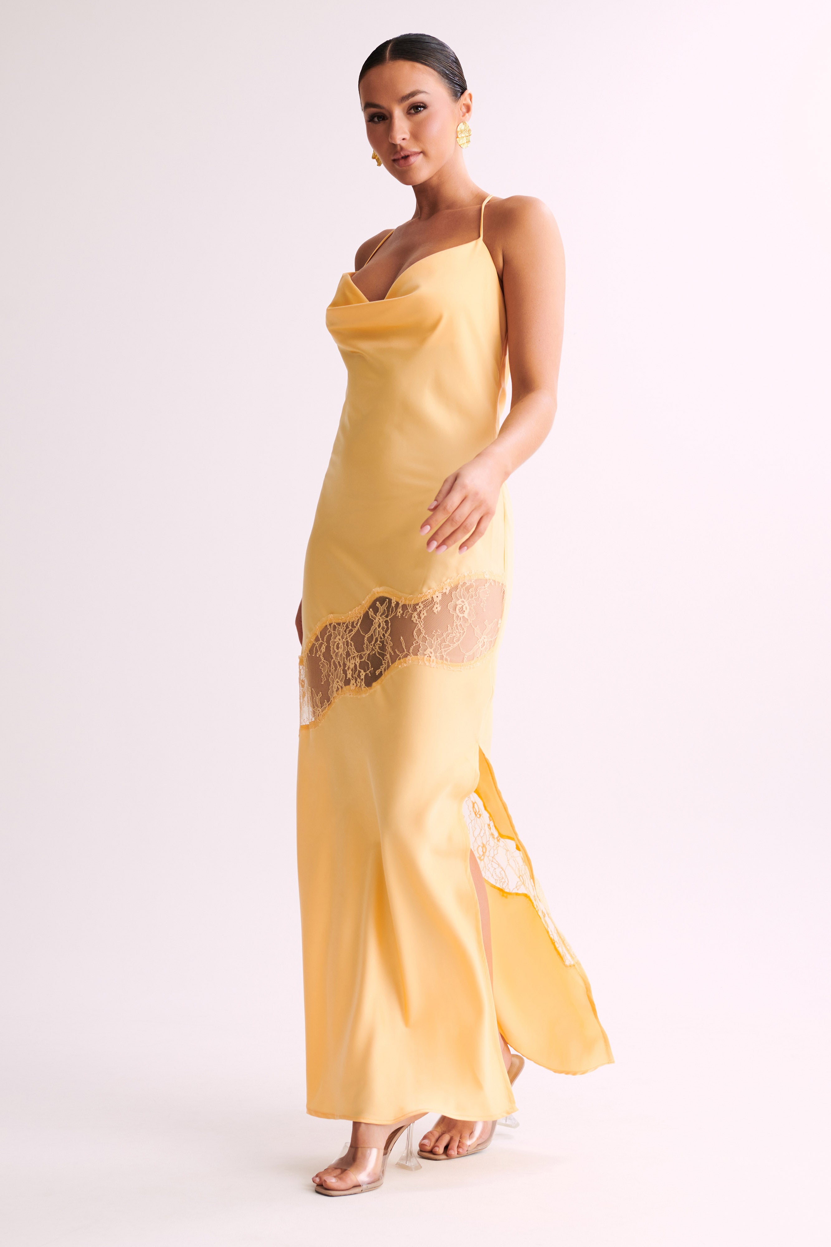 Chandra Lace Detail Satin Maxi Dress - Lemon-My Chic Way.All Rights Reserved