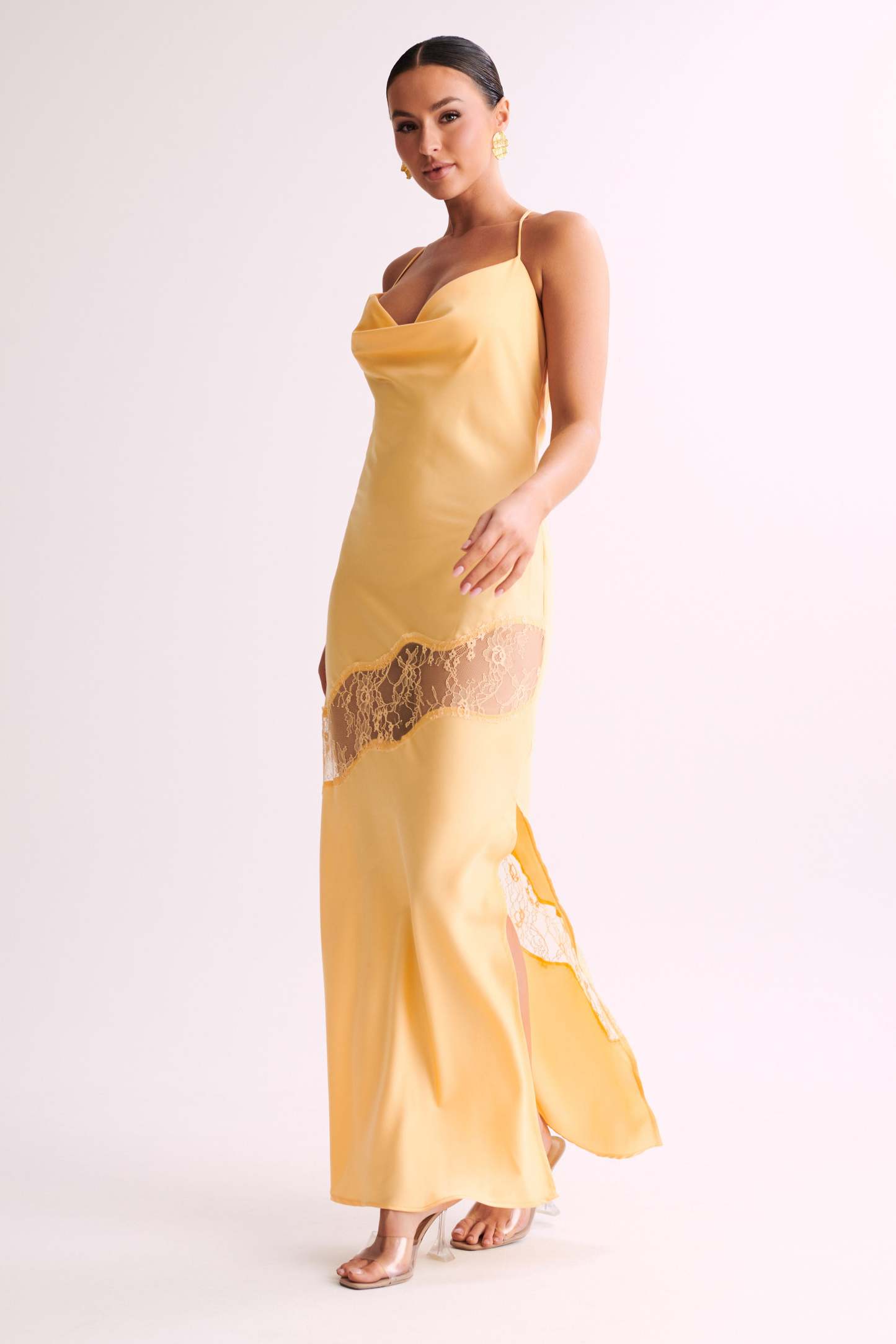Chandra Lace Detail Satin Maxi Dress - Lemon-My Chic Way.All Rights Reserved