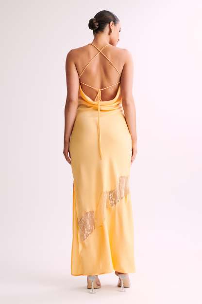 Chandra Lace Detail Satin Maxi Dress - Lemon-My Chic Way.All Rights Reserved