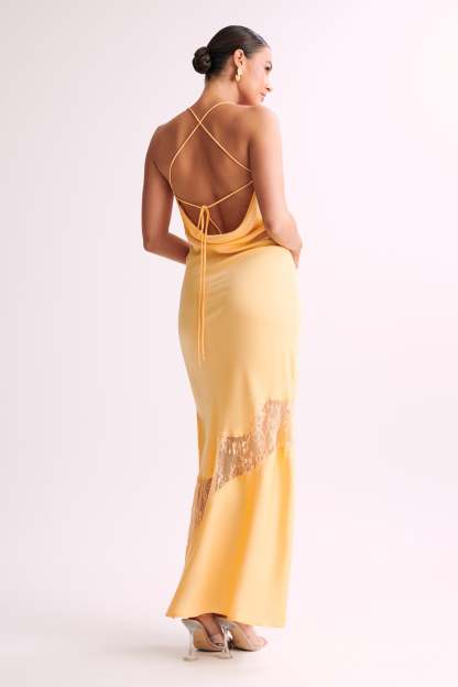 Chandra Lace Detail Satin Maxi Dress - Lemon-My Chic Way.All Rights Reserved