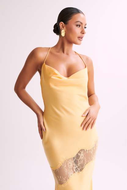 Chandra Lace Detail Satin Maxi Dress - Lemon-My Chic Way.All Rights Reserved