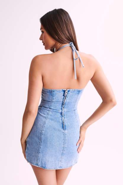 Carrie Rose Denim Mini Dress - Mid Blue-My Chic Way.All Rights Reserved