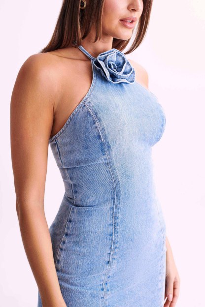 Carrie Rose Denim Mini Dress - Mid Blue-My Chic Way.All Rights Reserved