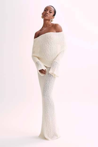 Marisol Off Shoulder Boucle Maxi Dress - Ivory-My Chic Way.All Rights Reserved