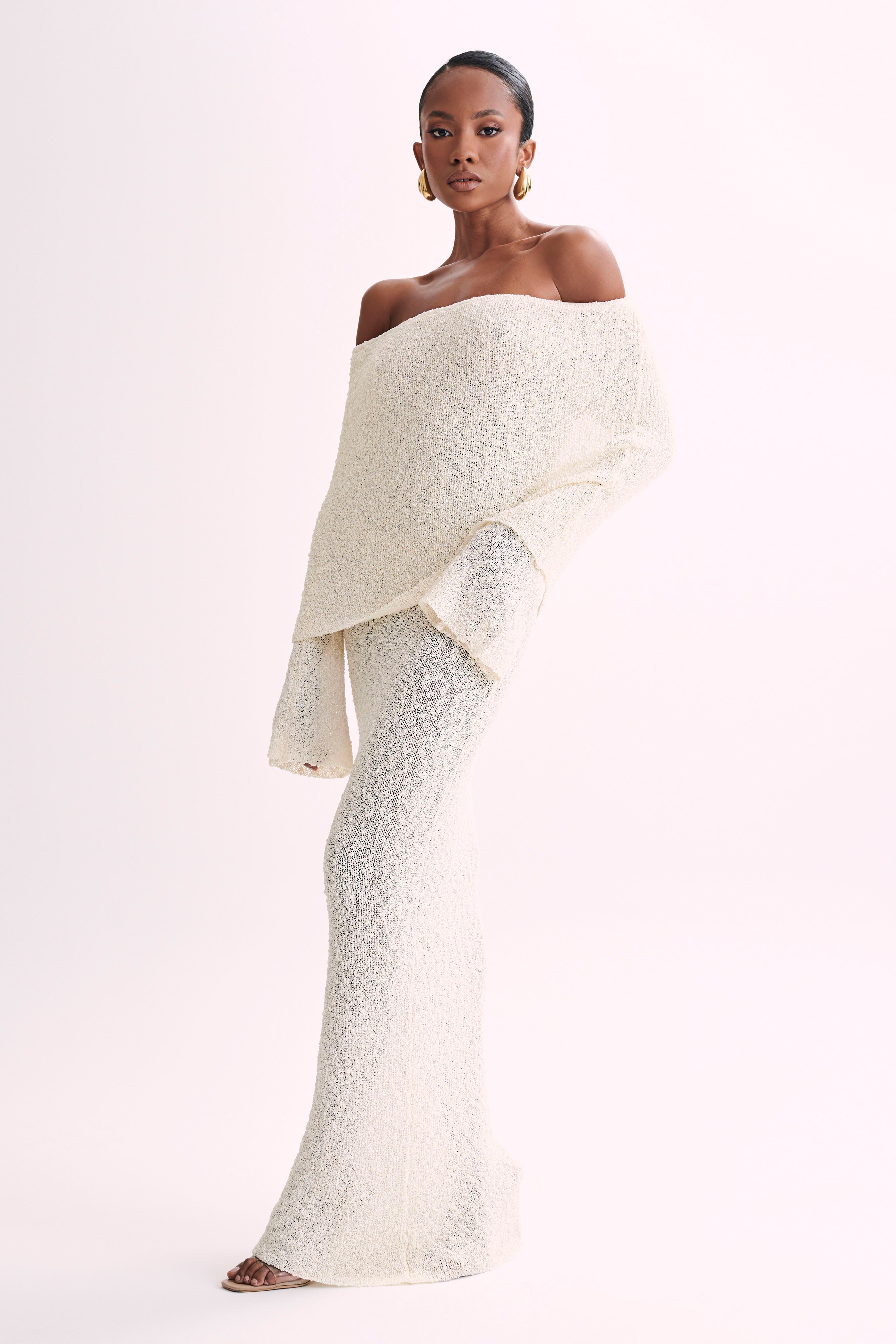 Marisol Off Shoulder Boucle Maxi Dress - Ivory-My Chic Way.All Rights Reserved