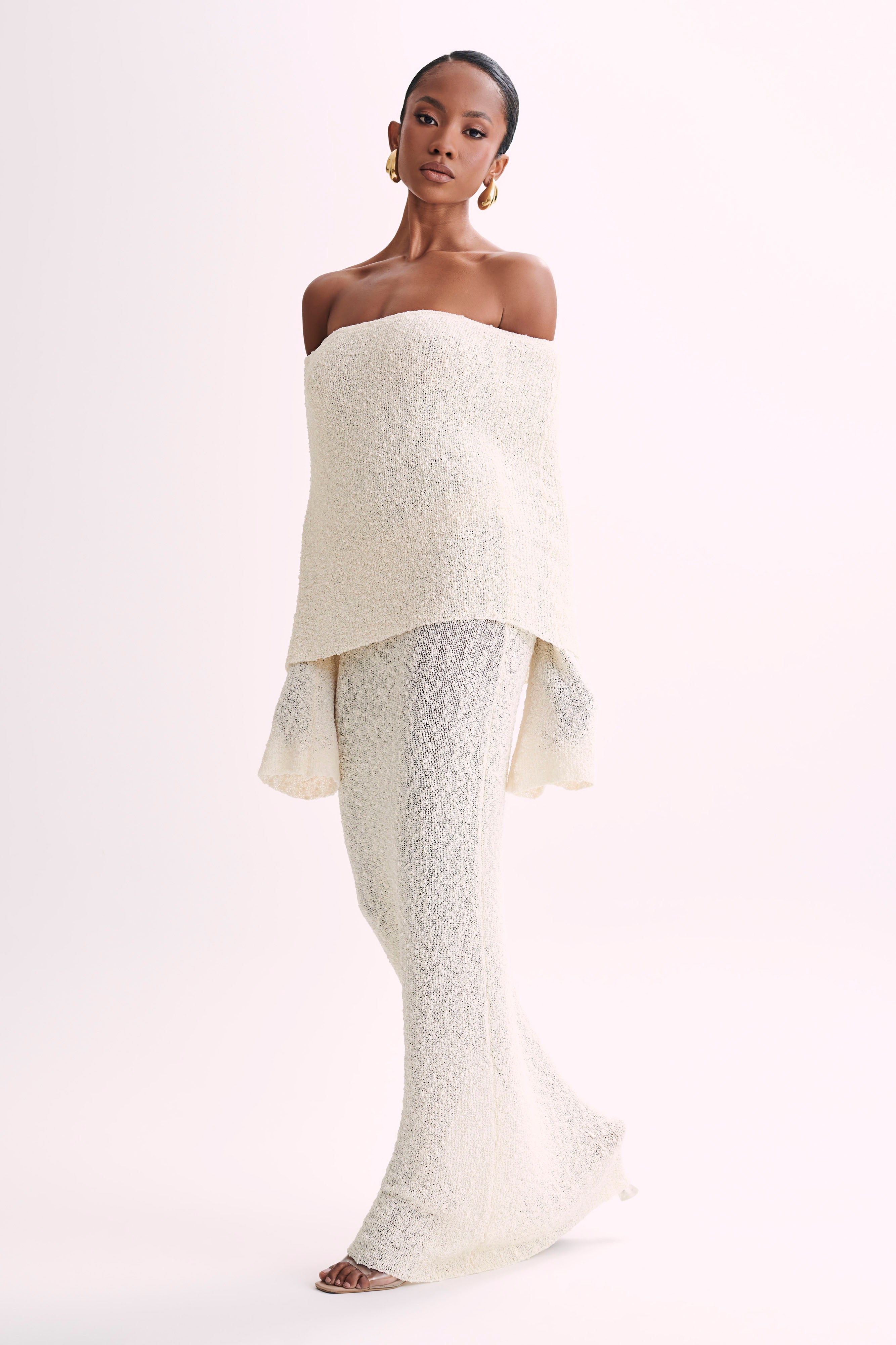 Marisol Off Shoulder Boucle Maxi Dress - Ivory-My Chic Way.All Rights Reserved