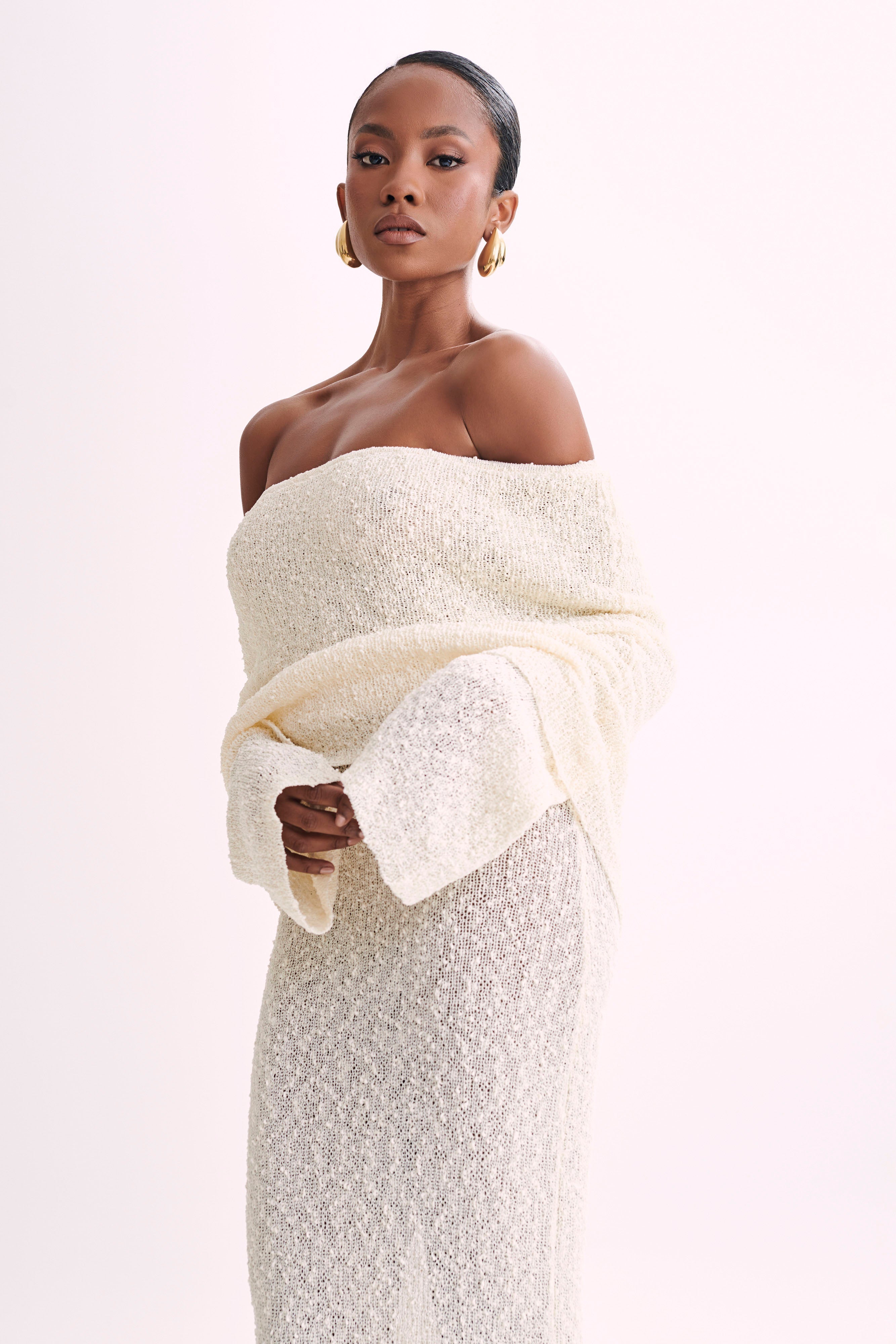 Marisol Off Shoulder Boucle Maxi Dress - Ivory-My Chic Way.All Rights Reserved