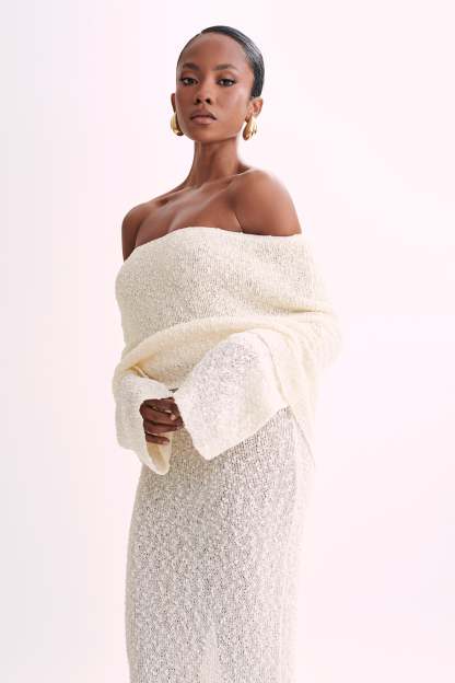Marisol Off Shoulder Boucle Maxi Dress - Ivory-My Chic Way.All Rights Reserved