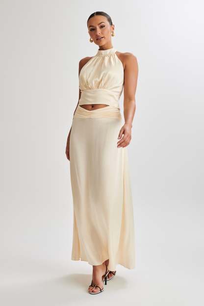 Clara Satin Ruched Maxi Skirt - Buttercream-My Chic Way.All Rights Reserved
