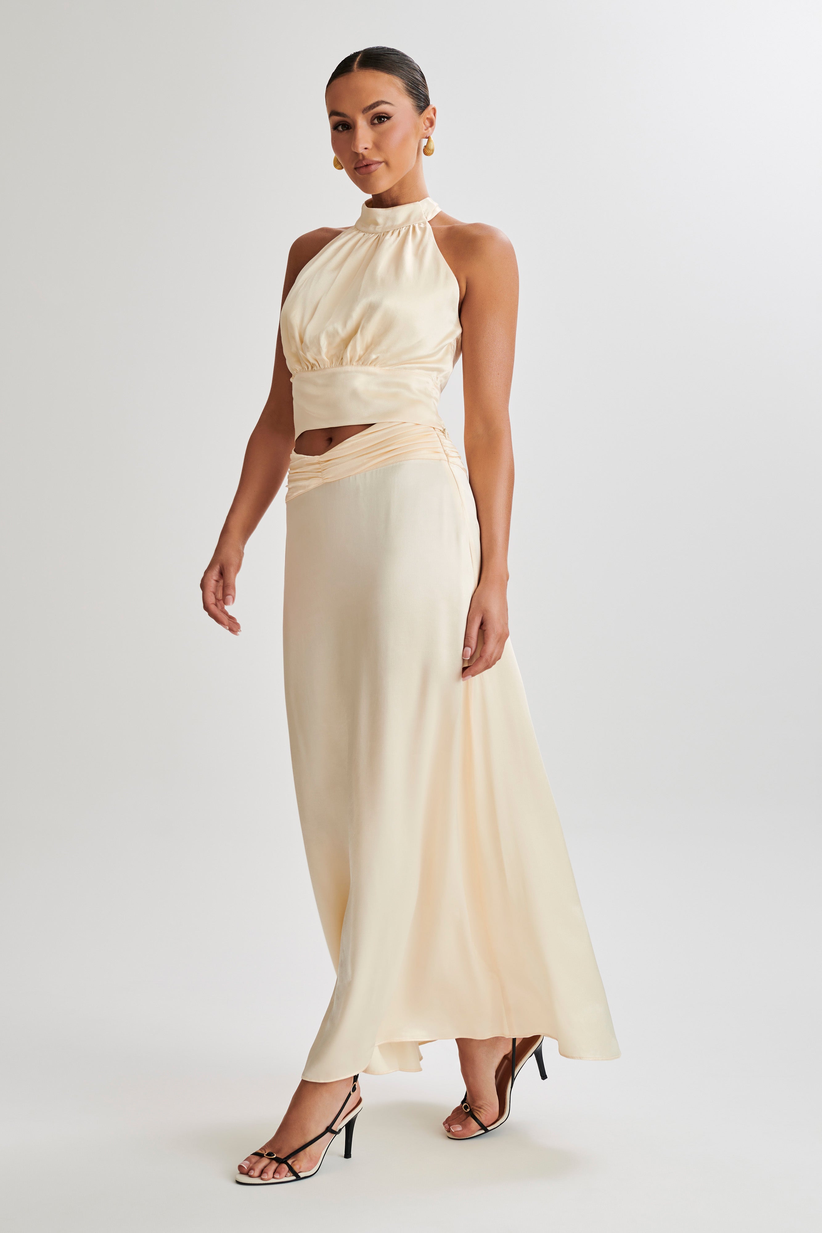 Clara Satin Ruched Maxi Skirt - Buttercream-My Chic Way.All Rights Reserved