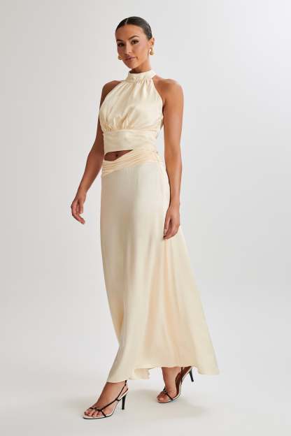 Clara Satin Ruched Maxi Skirt - Buttercream-My Chic Way.All Rights Reserved