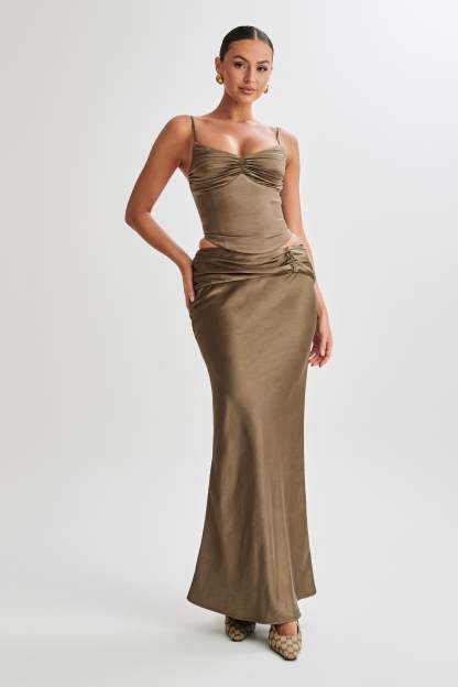 Khalani Ruched Satin Maxi Skirt - Khaki-My Chic Way.All Rights Reserved