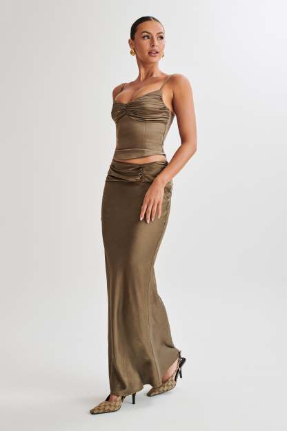 Khalani Ruched Satin Maxi Skirt - Khaki-My Chic Way.All Rights Reserved