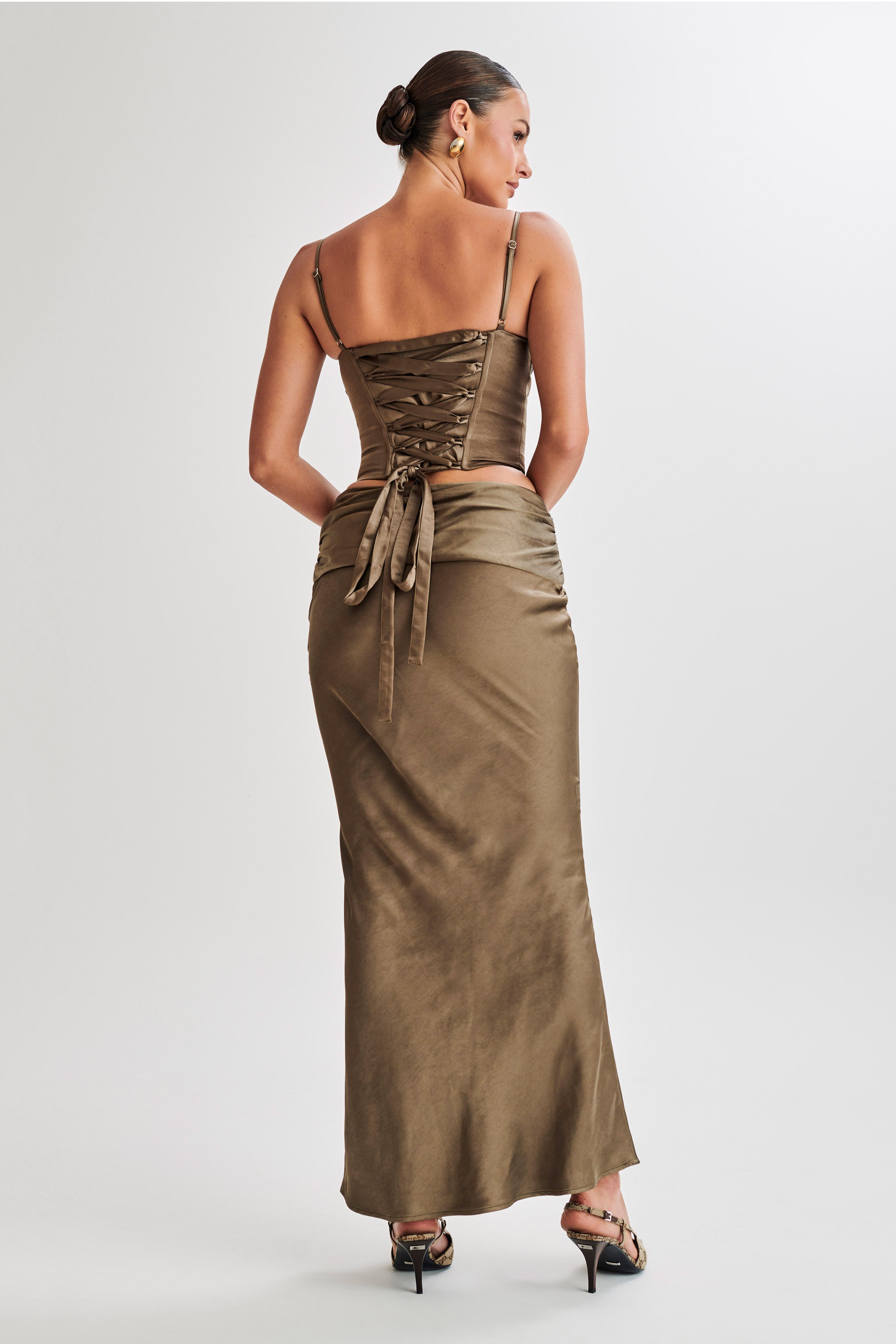 Khalani Ruched Satin Maxi Skirt - Khaki-My Chic Way.All Rights Reserved