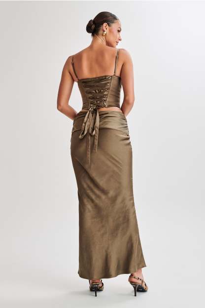 Khalani Ruched Satin Maxi Skirt - Khaki-My Chic Way.All Rights Reserved