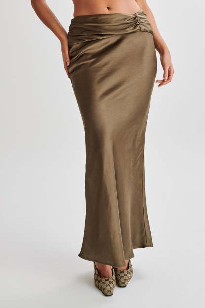 Khalani Ruched Satin Maxi Skirt - Khaki-My Chic Way.All Rights Reserved