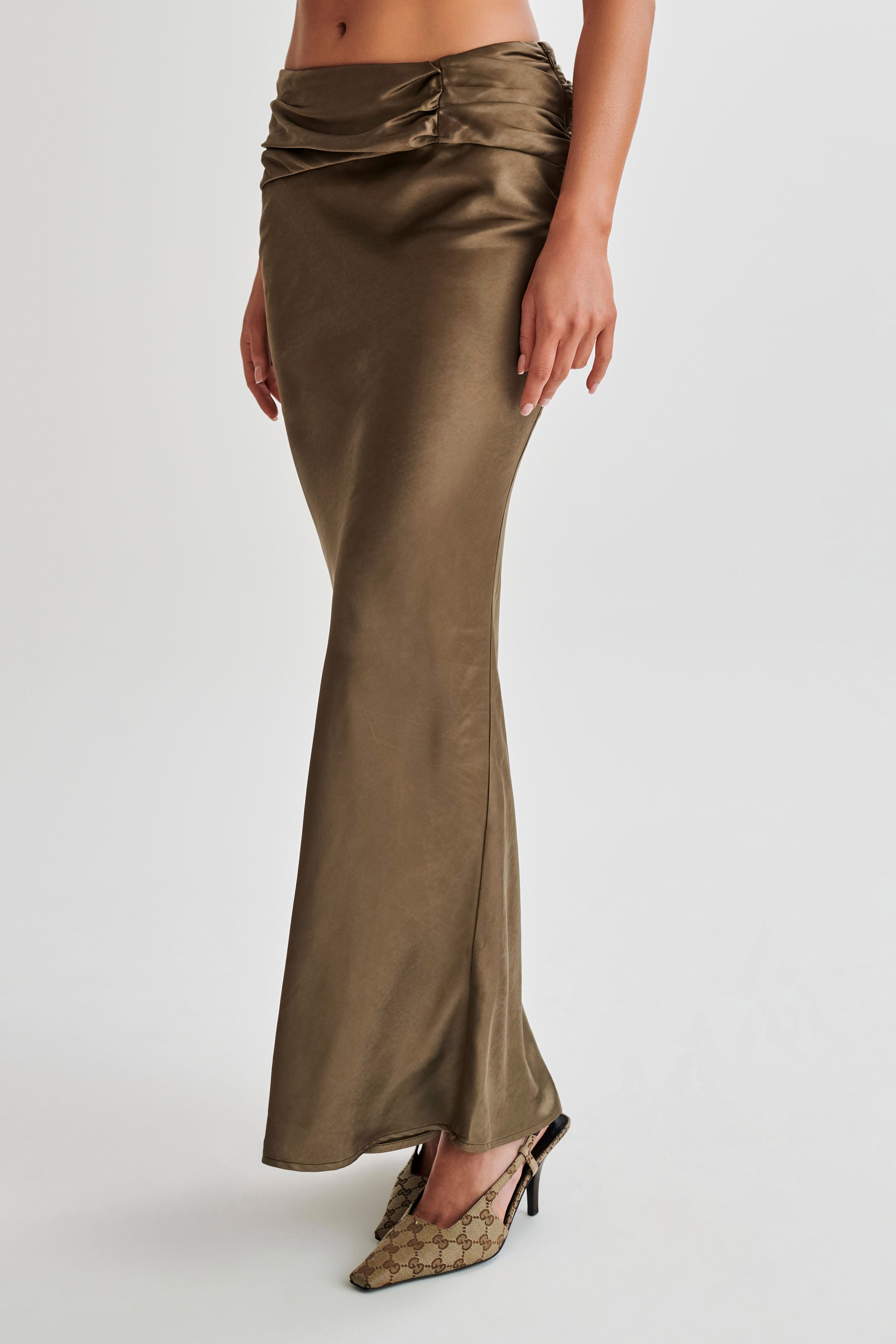 Khalani Ruched Satin Maxi Skirt - Khaki-My Chic Way.All Rights Reserved