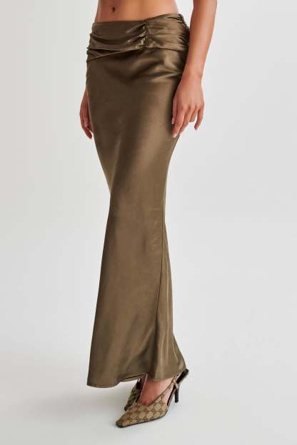 Khalani Ruched Satin Maxi Skirt - Khaki-My Chic Way.All Rights Reserved