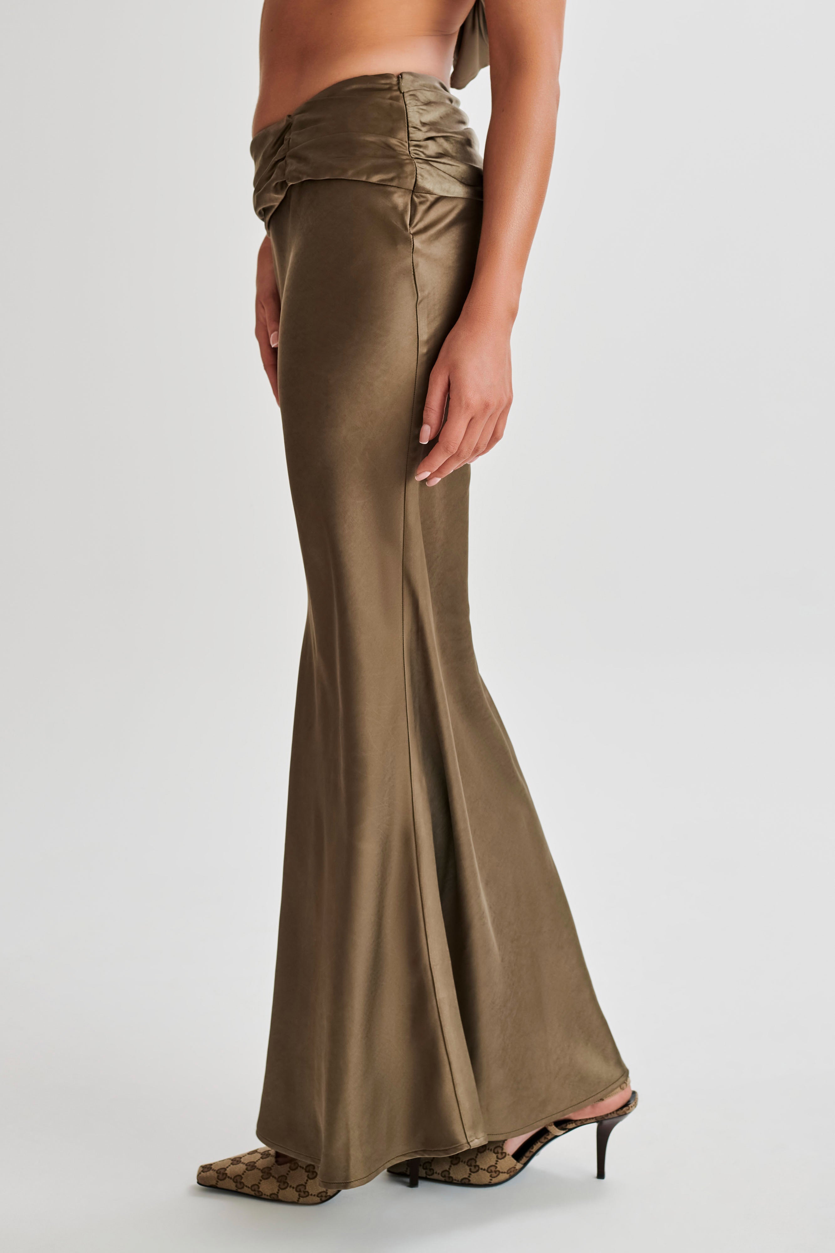 Khalani Ruched Satin Maxi Skirt - Khaki-My Chic Way.All Rights Reserved