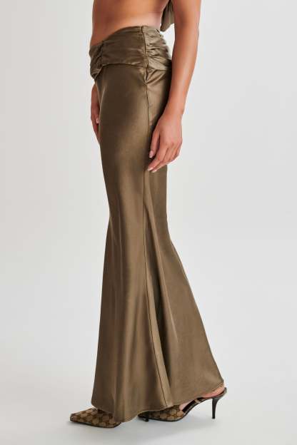 Khalani Ruched Satin Maxi Skirt - Khaki-My Chic Way.All Rights Reserved