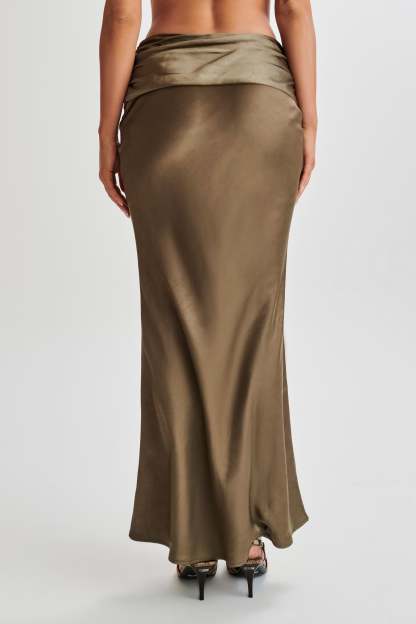 Khalani Ruched Satin Maxi Skirt - Khaki-My Chic Way.All Rights Reserved