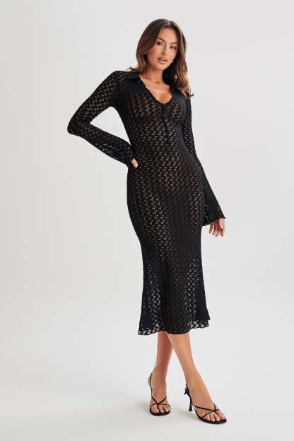 Dionne Lace Long Sleeve Midi Dress - Black-My Chic Way.All Rights Reserved