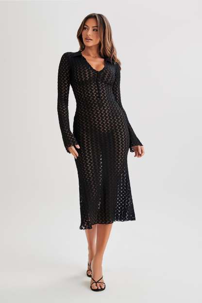 Dionne Lace Long Sleeve Midi Dress - Black-My Chic Way.All Rights Reserved