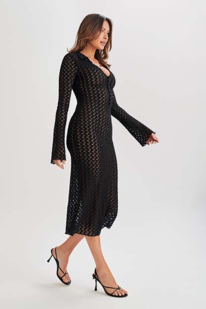 Dionne Lace Long Sleeve Midi Dress - Black-My Chic Way.All Rights Reserved
