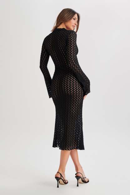 Dionne Lace Long Sleeve Midi Dress - Black-My Chic Way.All Rights Reserved