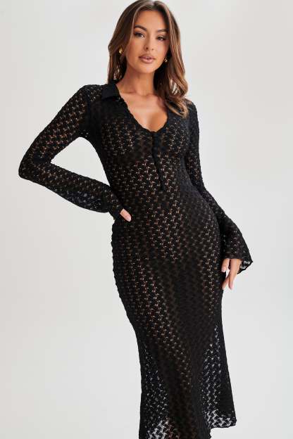 Dionne Lace Long Sleeve Midi Dress - Black-My Chic Way.All Rights Reserved